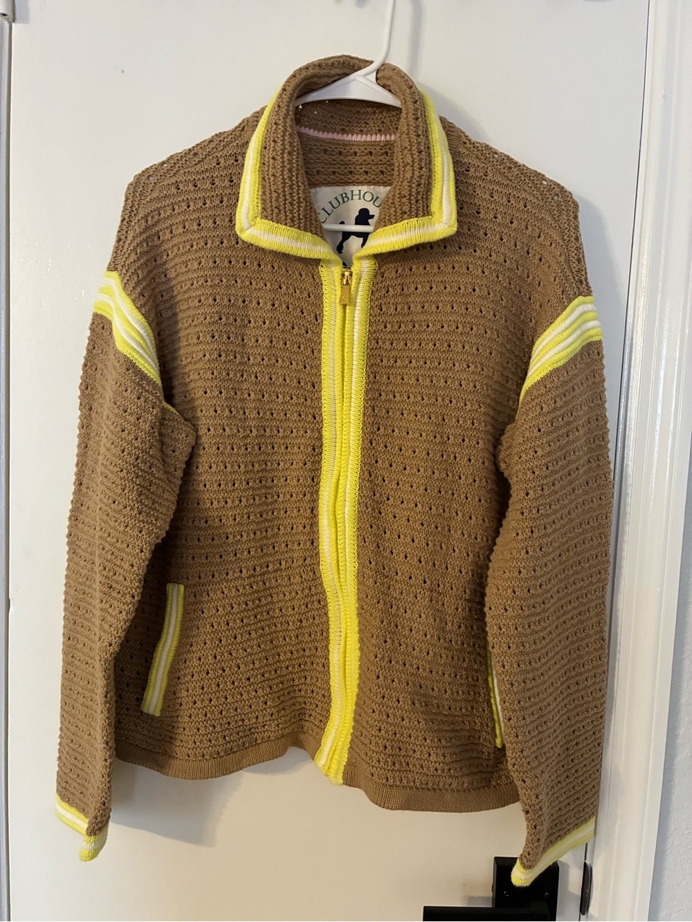 Clubhouse Light Brown Crochet Zip Cardigan with Lime Green and White Trim